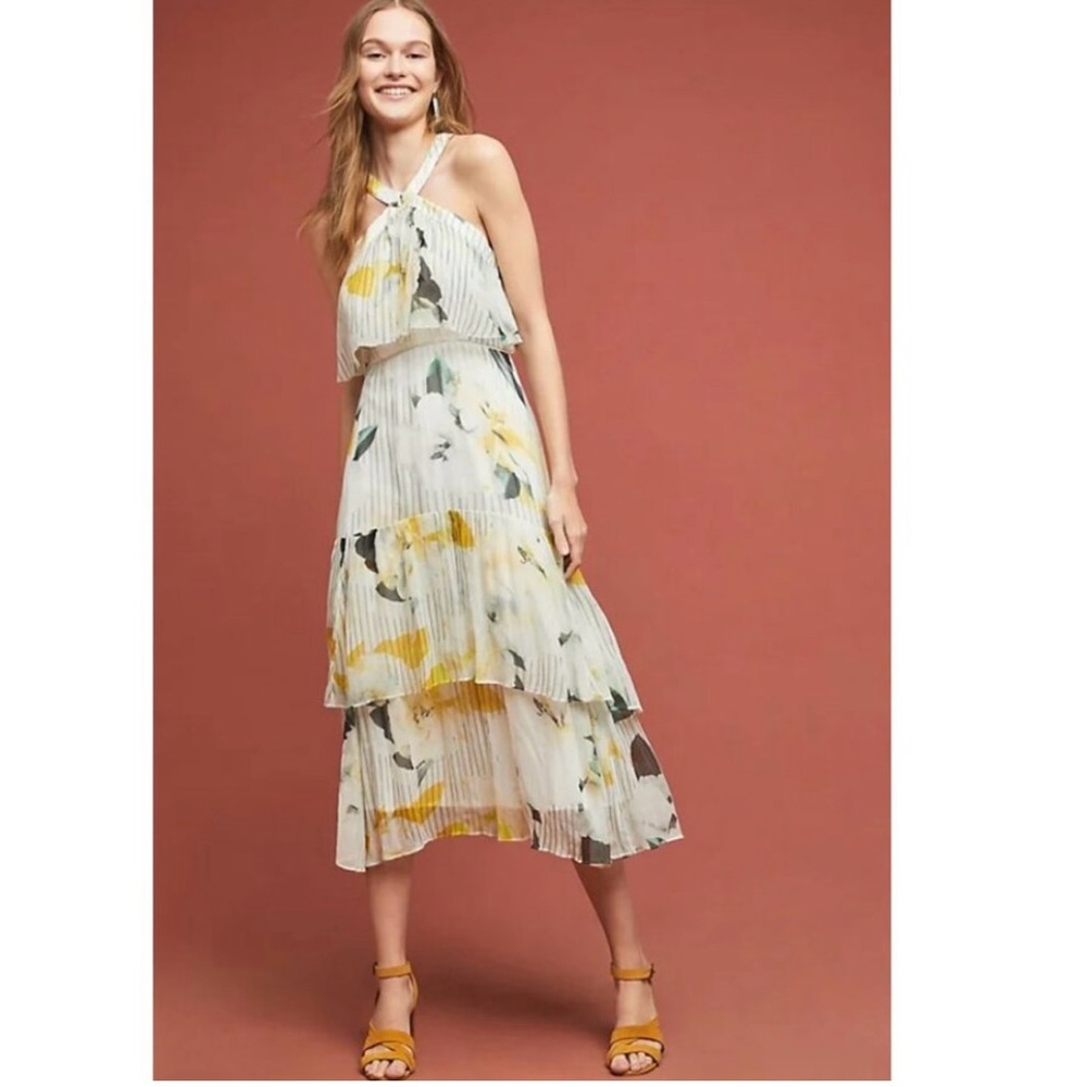 Anthropologie Yellow and Green Floral Tiered Flowy Dress